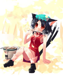 Rule 34 | 1girl, animal ears, black hair, cat ears, cat girl, cat tail, chen, earrings, eating, female focus, fish, fish (food), food, grilled fish, hat, jewelry, multiple tails, shin (new), solo, tail, touhou