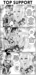 Rule 34 | &gt; &lt;, 2girls, 3koma, assertive female, band shirt, blush, breasts, collar, comic, commentary, couple, cutoffs, embarrassed, english commentary, english text, eyelashes, fishnet top, fishnets, floral print, full-face blush, grs-, hand on own hip, height difference, highres, holding, holding phone, large breasts, long hair, medium breasts, medium hair, merchandise, misfits, monochrome, multiple girls, no bra, original, pentagram pendant, phone, ponytail, right-to-left comic, sharon (grs-), shorts, sideboob, studded collar, talia (grs-), v arms, yuri