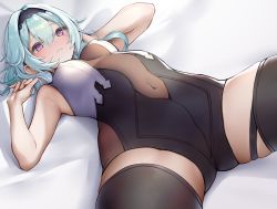 Rule 34 | 1girl, absurdres, bare arms, bed sheet, black hairband, black thighhighs, blue hair, blush, breasts, center opening, closed mouth, commentary request, covered navel, cowboy shot, eula (genshin impact), frown, genshin impact, hair between eyes, hairband, hands up, highres, leotard, long hair, looking at viewer, lying, medium breasts, on back, purple eyes, solo, terebi (shimizu1996), thighhighs