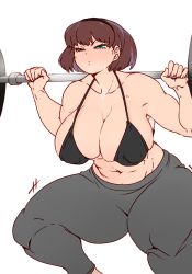 Rule 34 | 1girl, abs, bra, breasts, brown hair, cleavage, green eyes, hairband, hanzo (2929), large breasts, muscular, muscular female, pants, squatting, sweat, thick thighs, thighs, underwear, yoga pants