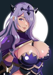 Rule 34 | 1girl, absurdres, armor, artist logo, breasts, camilla (fire emblem), cleavage, commentary, english commentary, eyelashes, fire emblem, fire emblem fates, hair over one eye, headgear, highres, horns, ihsnet, large breasts, lips, long hair, nintendo, parted lips, purple armor, purple eyes, purple hair, smile, solo, very long hair, wavy hair