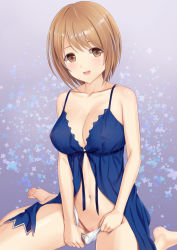 Rule 34 | 1girl, :d, babydoll, bare arms, bare legs, bare shoulders, barefoot, blue ribbon, blush, breasts, brown eyes, brown hair, cleavage, cleft of venus, collarbone, covered erect nipples, floral background, gradient background, lace trim, large breasts, looking at viewer, n.g., navel, open mouth, original, panties, panty pull, pulled by self, purple background, pussy, pussy peek, ribbon, short hair, sitting, smile, solo, stomach, underwear, underwear only, wariza, white panties