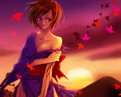 Rule 34 | 1girl, bad id, bad pixiv id, blood, breasts, brown eyes, brown hair, cleavage, female focus, japanese clothes, kimono, large breasts, meiko (vocaloid), off shoulder, outdoors, ren lowol, short hair, sky, solo, sunset, torn clothes, vocaloid