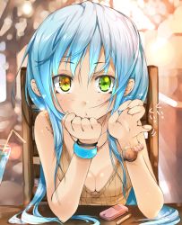Rule 34 | 1girl, bad hands, bad id, bad pixiv id, blue hair, breasts, cellphone, chair, cleavage, downblouse, drink, drinking straw, glass, green eyes, hand on own face, handjob gesture, heterochromia, highres, lips, long hair, looking at viewer, original, phone, pinky out, pov across table, shikinyan, sitting, small breasts, solo, watch, wrist cuffs, wristwatch, yellow eyes