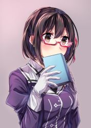 Rule 34 | 10s, 1girl, absurdres, bespectacled, betti (maron), black hair, blush, book, breasts, brown eyes, covering own mouth, glasses, gloves, haguro (kancolle), haguro kai ni (kancolle), hair ornament, highres, holding, holding book, kantai collection, long sleeves, medium breasts, puffy long sleeves, puffy sleeves, red-framed eyewear, semi-rimless eyewear, short hair, simple background, solo, sparkle, under-rim eyewear, uniform, upper body, white gloves