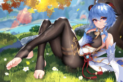 Rule 34 | 1girl, ahoge, ass, bare shoulders, bell, black gloves, blue hair, bodystocking, breasts, cowbell, day, detached collar, detached sleeves, feet, ganyu (genshin impact), genshin impact, gloves, goat horns, gold trim, hair between eyes, hand on own chest, highres, horns, leg up, long hair, long sleeves, looking at viewer, lying, medium breasts, nekoda (maoda), on back, outdoors, purple eyes, reclining, revision, shiny clothes, smile, solo, stirrup legwear, toeless legwear, tree