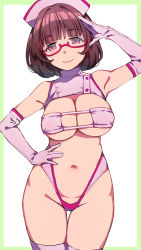 Rule 34 | 1girl, bikini, breasts, brown hair, closed mouth, commentary request, duke (inu daimyou), elbow gloves, eyepatch bikini, glasses, gloves, hand on own hip, hat, large breasts, long hair, looking at viewer, navel, nurse cap, original, pink eyes, pink gloves, pink hat, pink thighhighs, semi-rimless eyewear, short hair, simple background, smile, solo, swimsuit, thighhighs, thighs, under-rim eyewear, white background