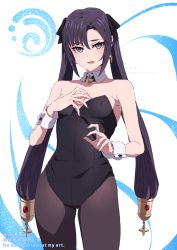 Rule 34 | 1girl, alternate costume, aoi suzu, bare arms, bare shoulders, black hair, black leotard, black ribbon, blush, breasts, brown pantyhose, detached collar, earrings, english text, genshin impact, green eyes, hair ribbon, hand up, highres, jewelry, leotard, long hair, looking at viewer, mona (genshin impact), nontraditional playboy bunny, open mouth, pantyhose, ponytail holder, ribbon, sidelocks, small breasts, solo, standing, star (symbol), star earrings, strapless, strapless leotard, sweatdrop, swept bangs, twintails, wrist cuffs