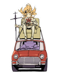 Rule 34 | 1girl, :|, armchair, blonde hair, bow, bowtie, car, chair, closed eyes, closed mouth, facing viewer, grey footwear, holding, kantai collection, long hair, long sleeves, mini cooper, motor vehicle, mr bean, red bow, red bowtie, ruukii drift, simple background, sitting, smile, solo, thighhighs, vehicle focus, warspite (kancolle), white background, white thighhighs