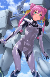 Rule 34 | 1girl, blush, breasts, cloud, covered navel, double bun, fortified suit, gloves, green eyes, grey gloves, hair bun, highres, kurione (zassou), mecha, muv-luv, muv-luv alternative, muv-luv alternative (anime), open hands, pilot suit, pink hair, robot, science fiction, skin tight, sky, small breasts, smile, tactical surface fighter, tamase miki, twintails, type 97 fubuki, visor