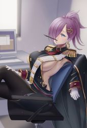 Rule 34 | 1girl, absurdres, aiguillette, arm rest, armpits, azur lane, black cape, black jacket, black pantyhose, black skirt, blurry, blurry background, breasts, cape, chair, computer, day, earrings, epaulettes, gloves, green eyes, hair between eyes, hair ornament, hair over one eye, hairclip, high ponytail, highres, indoors, jacket, jewelry, large breasts, long hair, looking at viewer, medal, military, military uniform, miniskirt, mole, mole on breast, mouth hold, pantyhose, pen, pencil skirt, ponytail, purple hair, sideboob, sidelocks, sitting, skirt, solo, syu.mu, table, trieste (azur lane), uniform, white gloves, window