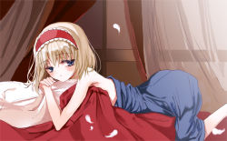 Rule 34 | 1girl, alice margatroid, bad id, bad pixiv id, bed, blonde hair, blue eyes, cierra (ra-bit), curtains, female focus, hairband, lying, on stomach, ra-bit, solo, topless, touhou