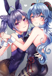 Rule 34 | 2girls, animal ears, ass, bare back, bare shoulders, black thighhighs, blue hair, bow, bowtie, breasts, ganyu (genshin impact), genshin impact, goat horns, hair bun, highres, horns, keqing (genshin impact), kokuchuutei, leotard, long hair, medium breasts, multiple girls, pantyhose, pink eyes, playboy bunny, purple bow, purple bowtie, purple hair, rabbit ears, smile, thighhighs, twintails, wristband