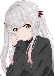 Rule 34 | 1girl, absurdres, black shirt, blush, brown eyes, closed mouth, commentary request, fingernails, flower, gradient hair, grey hair, hair flower, hair ornament, hand on own cheek, hand on own face, highres, indie virtual youtuber, long hair, long sleeves, looking at viewer, medium bangs, multicolored hair, nava (ccjx65ax0igwpqk), pink hair, pink nails, shirt, simple background, sleeves past wrists, smile, solo, suou patra, twintails, upper body, virtual youtuber, white background, white flower