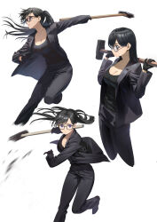 Rule 34 | 1girl, absurdres, black-framed eyewear, black footwear, black gloves, black hair, black jacket, black pants, black tank top, breasts, cleavage, closed mouth, commentary, cropped legs, floating hair, glasses, gloves, hair down, hammer, highres, holding, holding hammer, jacket, large breasts, long hair, long sleeves, looking ahead, looking at viewer, minakata hizuru, mole, mole under mouth, motion blur, multiple views, open mouth, pants, ponytail, purple eyes, sideways mouth, simple background, sledgehammer, straight hair, suit jacket, summertime render, swept bangs, tank top, v-shaped eyebrows, wasabi60, white background
