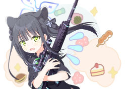 Rule 34 | 1girl, animal ear fluff, animal ears, black dress, black hair, blue archive, blunt bangs, cake, china dress, chinese clothes, dress, flying sweatdrops, food, green eyes, gun, highres, long hair, hugging object, open mouth, ribbon, rifle, short sleeves, shun (blue archive), shun (small) (blue archive), solo, tiger ears, tiger girl, twintails, upper body, weapon, weapon request, zundamochi (pixiv13535730)