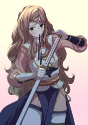 Rule 34 | 1girl, armor, bad id, bad twitter id, brown hair, fire emblem, fire emblem fates, hana (fire emblem), headband, holding, holding sword, holding weapon, japanese clothes, katana, kero sweet, long hair, nintendo, simple background, solo, sword, very long hair, weapon