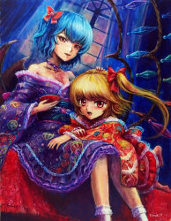 Rule 34 | 2girls, bare shoulders, bat wings, blonde hair, blue hair, bow, collarbone, cup, fang, female focus, flandre scarlet, hair bow, japanese clothes, multiple girls, open mouth, red eyes, remilia scarlet, sakazuki, siblings, side ponytail, sisters, tafuto, touhou, traditional media, wings