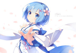 Rule 34 | 10s, 1girl, absurdres, aged down, blue eyes, blue hair, blunt bangs, blurry, blush, character name, closed mouth, copyright name, depth of field, detached sleeves, ello, flat chest, flower, from side, hair flower, hair ornament, highres, japanese clothes, kimono, looking at viewer, looking to the side, matching hair/eyes, obi, outstretched arms, pink flower, rareme, re:zero kara hajimeru isekai seikatsu, rem (re:zero), ribbon, sash, short hair, sleeveless, sleeveless kimono, smile, solo, tareme, upper body, x hair ornament