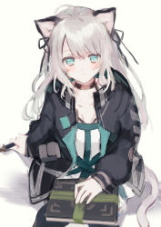 Rule 34 | 1girl, absurdres, animal ears, arknights, bad id, bad pixiv id, black cat, black jacket, blue eyes, book on lap, cat, cat ears, cat girl, cat tail, closed mouth, collarbone, commentary, feet out of frame, highres, holding, holding wand, jacket, light smile, long hair, long sleeves, looking at viewer, matsuzaka (matsuzakagyu 29), mint (arknights), shirt, silver hair, simple background, sitting, solo, tail, wand, white background, white shirt