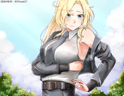 Rule 34 | 1girl, belt, black belt, black necktie, black skirt, blonde hair, blue eyes, blue sky, breasts, chiwa (chiwa0617), cloud, commentary request, dated, day, hornet (kancolle), kantai collection, large breasts, long hair, looking down, necktie, outdoors, shirt, skirt, sky, sleeveless, sleeveless shirt, solo, tree, twitter username, upper body, white shirt