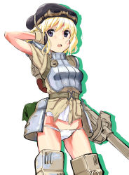 Rule 34 | 1girl, armor, bad id, bad pixiv id, beret, blonde hair, blue eyes, cecilia glinda miles, gloves, goggles, goggles on head, gun, hat, headphones, open mouth, panties, short hair, solo, strike witches, tetsujin momoko, underwear, weapon, witches of africa, world witches series