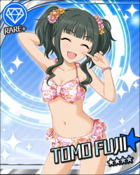 Rule 34 | 10s, 1girl, ^ ^, arm up, armpits, bikini, blue background, breasts, card (medium), character name, cleavage, closed eyes, eyebrows, female focus, finger to mouth, frilled bikini, frills, fujii tomo, gem (symbol), gradient background, green hair, hair ornament, happy, idolmaster, idolmaster cinderella girls, long hair, navel, official art, open mouth, ribbon, skirt, smile, solo, sparkle, swimsuit, wavy hair