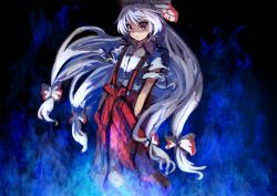 Rule 34 | 1girl, berabou, blue fire, bow, fire, fujiwara no mokou, gradient background, hair bow, hair ribbon, hands in pockets, long hair, pants, red eyes, ribbon, silver hair, solo, suspenders, torn clothes, torn sleeves, touhou, very long hair