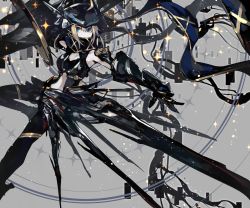 Rule 34 | 1girl, alternate color, artoria pendragon (fate), black footwear, black headwear, black scarf, black vest, blonde hair, blue eyes, commentary, fate/grand order, fate (series), gauntlets, grey background, holding, holding polearm, holding spear, holding weapon, kusakanmuri, looking at viewer, midriff, mysterious heroine x (fate), mysterious heroine xx (fate), mysterious heroine xx (second ascension) (fate), navel, open clothes, outstretched arm, polearm, scarf, solo, sparkle, spear, twinmyniad (fate), vest, weapon