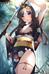 Rule 34 | 1girl, absurdres, animal ears, asymmetrical gloves, bamboo, bamboo forest, bandaged arm, bandages, black gloves, black kimono, blue choker, blush, braid, breasts, brown hair, choker, cleavage, cowboy shot, day, ear covers, floral print, forest, gloves, highres, hokko tarumae (umamusume), holding, holding sword, holding weapon, horse ears, japanese clothes, kimono, large breasts, long hair, long sleeves, looking at viewer, mismatched gloves, multicolored hair, nature, obi, open mouth, outdoors, print kimono, purple eyes, red ribbon, ribbon, sash, sheath, skindentation, solo, streaked hair, sword, thigh strap, thighs, twin braids, two-tone hair, umamusume, unsheathing, weapon, white gloves, white hair, wide hips, zeatto