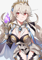 Rule 34 | 1girl, breasts, brooch, cape, cleavage, commentary request, corrin (female) (fire emblem), corrin (female) (silent bloodline) (fire emblem), corrin (fire emblem), cowboy shot, crown, dragonstone, fire emblem, fire emblem fates, fire emblem heroes, grey background, grey hair, highres, jewelry, large breasts, long hair, nintendo, official alternate costume, peach11 01, pointy ears, red eyes, simple background, solo, standing, thighs, very long hair, white cape