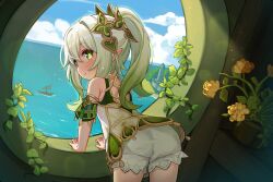 Rule 34 | 1girl, absurdres, arm support, ass, bloomers, blush, cloud, day, dress, flower, from behind, genshin impact, green eyes, hair ornament, highres, leaning forward, long hair, looking back, luxuriou s, nahida (genshin impact), ocean, plant, pointy ears, potted plant, scenery, short dress, side ponytail, sky, sleeveless, sleeveless dress, smile, solo, thighs, underwear, white bloomers, white dress, white hair, window