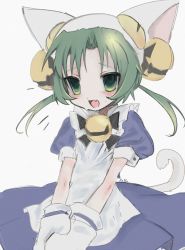 Rule 34 | 1girl, animal hat, apron, bell, blue dress, blush, cat hat, cat tail, dejiko, di gi charat, dress, fang, frilled apron, frills, gloves, green eyes, green hair, grey background, hat, highres, jingle bell, maid apron, neck bell, notice lines, open mouth, puffy short sleeves, puffy sleeves, r (reijibnuy2), short hair, short sleeves, signature, simple background, skin fang, solo, tail, tongue, twintails, v arms, white apron