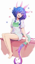 Rule 34 | 1girl, :d, absurdres, alternate costume, animal print, bare legs, barefoot, blue hair, closed eyes, colored skin, facing viewer, flower, frog print, green skin, highres, league of legends, long hair, neeko (league of legends), neekoinator, open mouth, purple skin, shirt, short sleeves, smile, solo, tail, teeth, upper teeth only, white background, white shirt