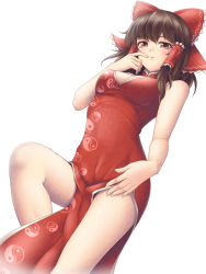 Rule 34 | 1girl, alternate costume, bad id, bad pixiv id, bow, brown eyes, brown hair, china dress, chinese clothes, dress, female focus, hair bow, hair tubes, hakurei reimu, mochi.f, red dress, side ponytail, solo, touhou, yin yang