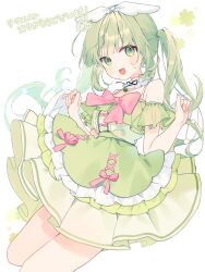 Rule 34 | 1girl, :d, bare shoulders, blush, bow, bowtie, commission, dress, frilled dress, frills, green dress, green eyes, green hair, hair bow, hair ribbon, hands up, highres, indie virtual youtuber, jumping, komomo (2899), long hair, looking at viewer, off-shoulder dress, off shoulder, open mouth, pink bow, pink bowtie, ribbon, short sleeves, signature, simple background, skeb commission, smile, solo, twintails, very long hair, white background, white wings, wings