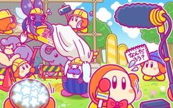 Rule 34 | 3boys, basket, baton, beanie, blue hat, blue sky, blush stickers, bonkers, boom microphone, bow, bowtie, bugzzy, carrying, cloud, commentary request, construction site, construction worker, flying sweatdrops, grass, hard hat, hat, helmet, kirby (series), male focus, microphone, monkey, mr. frosty, multiple boys, nintendo, notepad, official art, overalls, phan phan, purple hair, red neckwear, seal (animal), sky, traffic cone, tree, waddle dee, waving arms