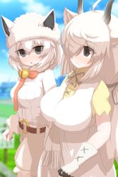 Rule 34 | 2girls, absurdres, alpaca huacaya (kemono friends), animal ears, bell, blush, bow, bowtie, breasts, closed mouth, gloves, grey eyes, hair over one eye, highres, horns, karekusa meronu, kemono friends, large breasts, long hair, looking at viewer, looking away, multiple girls, neck bell, parted lips, red bow, red bowtie, short hair, smile, white hair, yak (kemono friends)