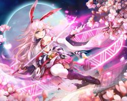 Rule 34 | 1girl, a.tong, animal ears, bare shoulders, boots, branch, cherry blossoms, closed mouth, fox ears, fox mask, full body, full moon, holding, holding sword, holding weapon, honkai (series), honkai impact 3rd, japanese clothes, katana, long hair, looking at viewer, mask, miko, moon, night, night sky, outdoors, pink hair, pink skirt, purple eyes, purple footwear, skirt, sky, smile, solo, sword, thighhighs, weapon, white sleeves, white thighhighs, yae sakura, yae sakura (gyakushinn miko)