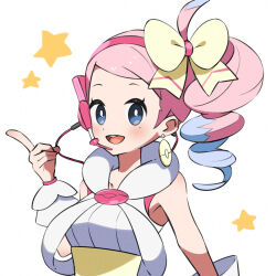 Rule 34 | 1girl, :d, blue eyes, blush, bow, bright pupils, commentary request, creatures (company), earrings, eyelashes, game freak, hairband, hand up, headset, highres, index finger raised, jewelry, looking at viewer, microphone, mole, mole under eye, nintendo, open mouth, pink hair, pink hairband, pokemon, pokemon bw2, shibori (shibootachi), side ponytail, smile, solo, star (symbol), teeth, tongue, upper body, upper teeth only, white background, white pupils, wrist cuffs, yancy (pokemon), yellow bow