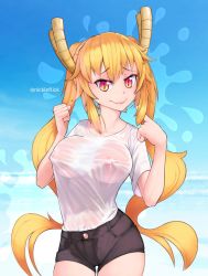 Rule 34 | 1girl, black shorts, blonde hair, breasts, commentary, covered navel, dragon girl, dragon horns, english commentary, covered erect nipples, gradient hair, highres, horns, kobayashi-san chi no maidragon, large breasts, long hair, looking at viewer, multicolored hair, nickleflick, nipples, no bra, orange eyes, orange hair, see-through, shirt, shorts, narrow waist, slit pupils, solo, standing, tohru (maidragon), twintails, twitter username, wet, wet clothes, wet shirt, wet shirt
