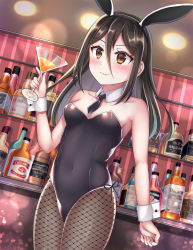 Rule 34 | 1girl, animal ears, black hair, black leotard, bottle, bow, bowtie, brandy, breasts, brown eyes, brown pantyhose, commentary request, cowboy shot, cup, detached collar, drinking glass, dutch angle, fishnet pantyhose, fishnets, hair between eyes, highres, kurume sml, leotard, long hair, morag ladair (xenoblade), pantyhose, playboy bunny, rabbit ears, small breasts, solo, standing, wine glass, wrist cuffs, xenoblade chronicles (series), xenoblade chronicles 2
