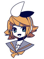 Rule 34 | 1girl, aqua eyes, blonde hair, grey sailor collar, hair ornament, hairpin, kagamine rin, looking at viewer, machigami yoh, neckerchief, open mouth, portrait, sailor collar, short hair, simple background, smile, solo, treble clef, vocaloid, white background, yellow neckerchief