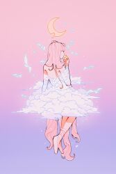 Rule 34 | 1girl, absurdly long hair, absurdres, bare shoulders, bird, cloud clothes, crescent moon, dress, from behind, full body, gradient background, hand up, highres, long hair, meyoco, moon, original, pink background, pink footwear, pink hair, purple background, shoes, solo, very long hair, white bird, white dress