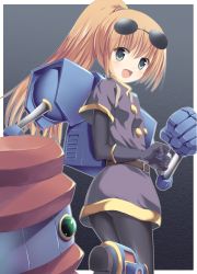Rule 34 | 1girl, bad id, bad pixiv id, blush, brown hair, francis de lariatte, glasses, gloves, green eyes, long hair, mechanical arms, open mouth, pantyhose, ponytail, precis neumann, single mechanical arm, smile, solo, star ocean, star ocean the second story, sunglasses, sunglasses on head