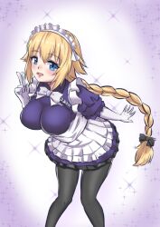 Rule 34 | 1girl, apron, blonde hair, blue eyes, bow, braid, breasts, fate/apocrypha, fate/grand order, fate (series), gloves, jeanne d&#039;arc (fate), jeanne d&#039;arc (ruler) (fate), large breasts, maid, maid apron, maid headdress, pantyhose, skirt, solo, white background