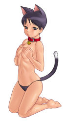 Rule 34 | 1girl, animal ears, barefoot, bell, neck bell, black eyes, black hair, breasts, cat ears, cat tail, collar, collar belt, covering privates, covering breasts, kneeling, panties, short hair, small breasts, solo, tail, tamaki nozomu, topless, underwear