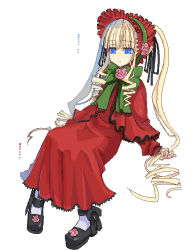 Rule 34 | 00s, 1girl, blonde hair, bonnet, bow, bowtie, capelet, drill hair, flower, green bow, green bowtie, long hair, long sleeves, looking at viewer, makaroni, pigeon-toed, red flower, red rose, rose, rozen maiden, shinku, sidelocks, simple background, solo, twin drills, twintails, very long hair, white background