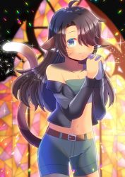 Rule 34 | 1girl, ahoge, animal ear fluff, animal ears, bandeau, belt, belt buckle, black gloves, black hair, black jacket, blue eyes, blurry, blurry background, blush, breasts, brown belt, buckle, cleavage, closed mouth, commentary request, commission, crop top, depth of field, fang, fang out, gloves, hair over one eye, hands up, interlocked fingers, jacket, kou hiyoyo, medium breasts, midriff, navel, off shoulder, open clothes, open jacket, original, own hands clasped, own hands together, short shorts, shorts, skeb commission, smile, solo, stained glass, tail, tail raised, whiskers