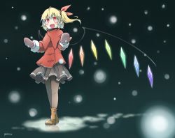 Rule 34 | 1girl, :d, alternate costume, black pantyhose, blonde hair, blush, boots, earmuffs, female focus, flandre scarlet, mittens, open mouth, pantyhose, red eyes, side ponytail, skirt, smile, solo, touhou, wings, winter clothes, yutamaro